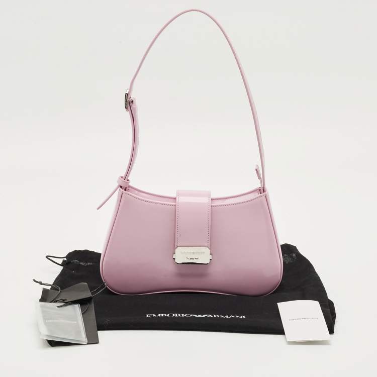 Pre Owned Giorgio Armani Pink Patent Leather Logo Flap Shoulder Bag