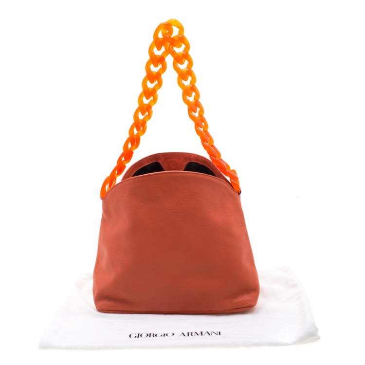 Pre Owned Giorgio Armani Orange Leather and Acrylic Chain Shoulder Bag