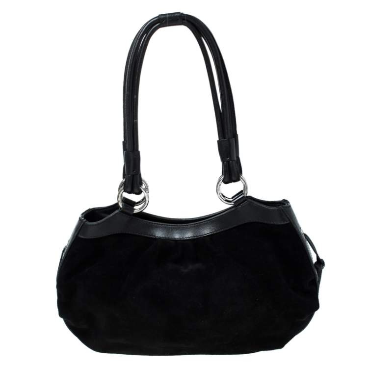 Pre Owned Giorgio Armani Black Suede and Leather Tassel Shoulder Bag