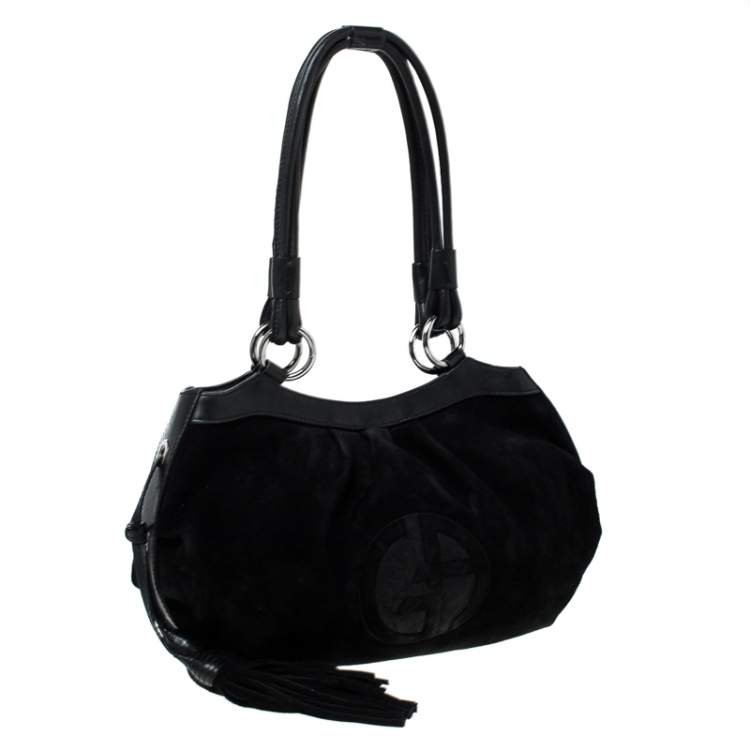 Pre Owned Giorgio Armani Black Suede and Leather Tassel Shoulder Bag