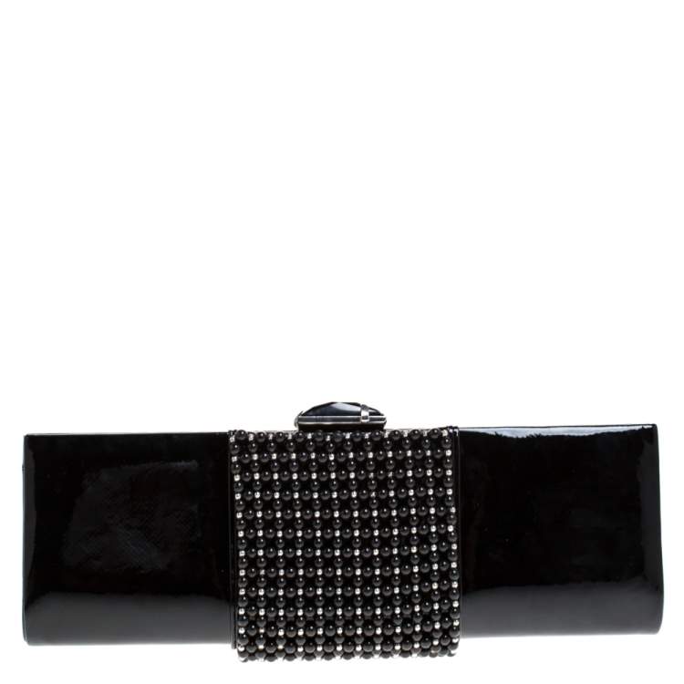 Pre Owned Giorgio Armani Black Beaded Embellished Patent Leather Clutch