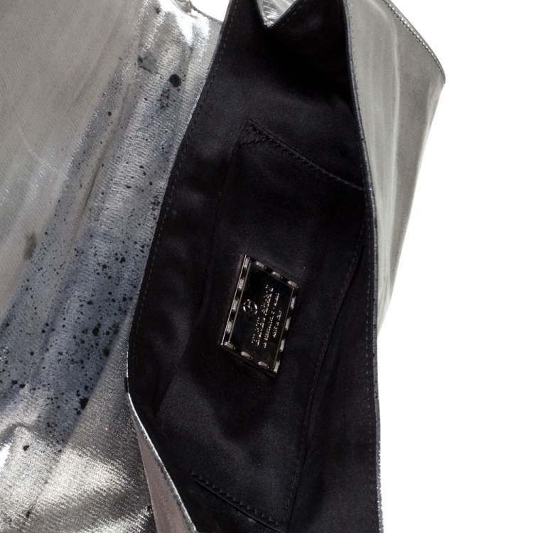 Pre Owned Giorgio Armani Silver Shimmer Fabric Pleated Flap Clutch