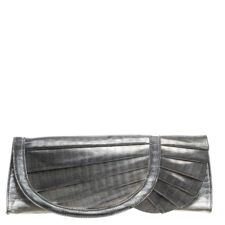 Pre Owned Giorgio Armani Silver Shimmer Fabric Pleated Flap Clutch