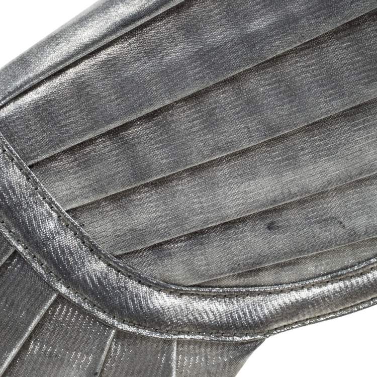 Pre Owned Giorgio Armani Silver Shimmer Fabric Pleated Flap Clutch