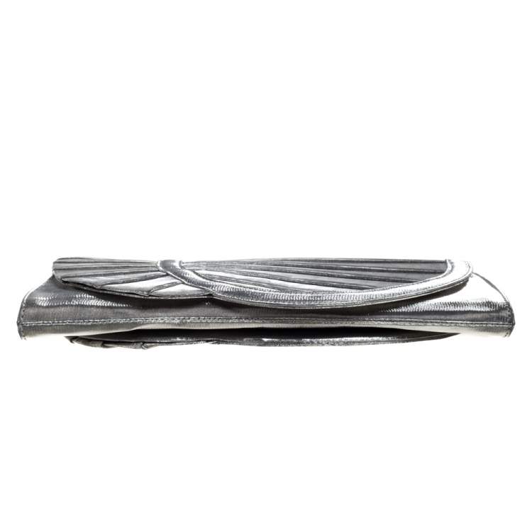 Pre Owned Giorgio Armani Silver Shimmer Fabric Pleated Flap Clutch