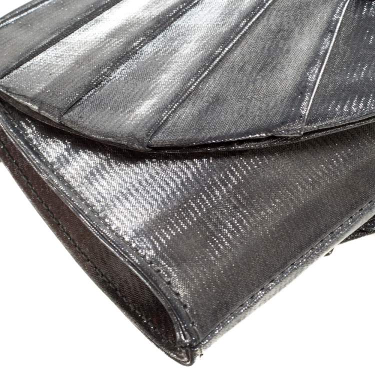 Pre Owned Giorgio Armani Silver Shimmer Fabric Pleated Flap Clutch