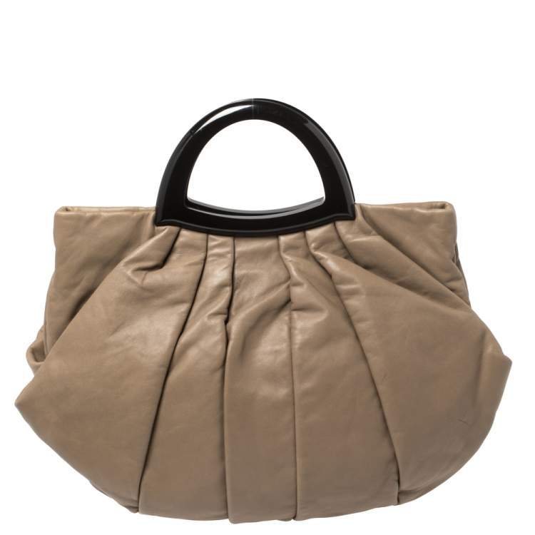 Pre Owned Giorgio Armani Taupe Leather Pleated Top Handle Bag