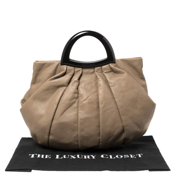 Pre Owned Giorgio Armani Taupe Leather Pleated Top Handle Bag
