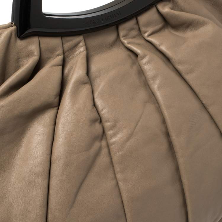 Pre Owned Giorgio Armani Taupe Leather Pleated Top Handle Bag