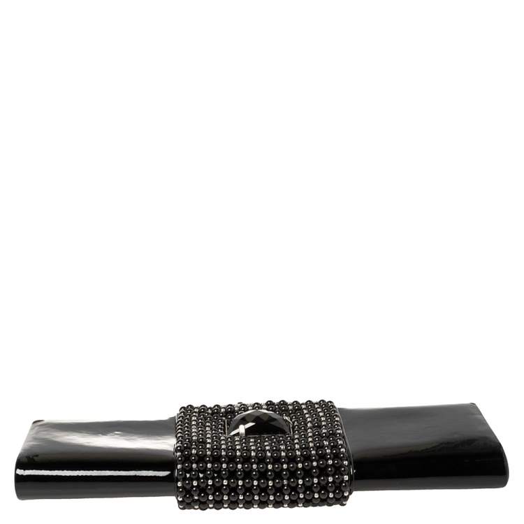 Pre Owned Giorgio Armani Black Beaded Embellished Patent Leather Clutch