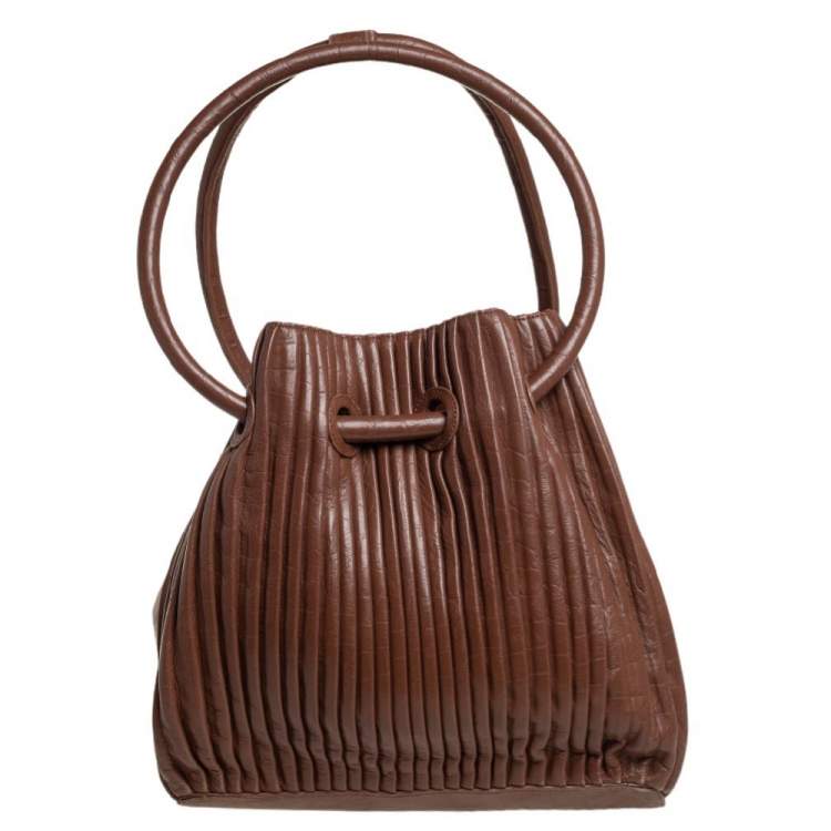 Pre Owned Giorgio Armani Brown Pleated Leather Ring Handle Tote