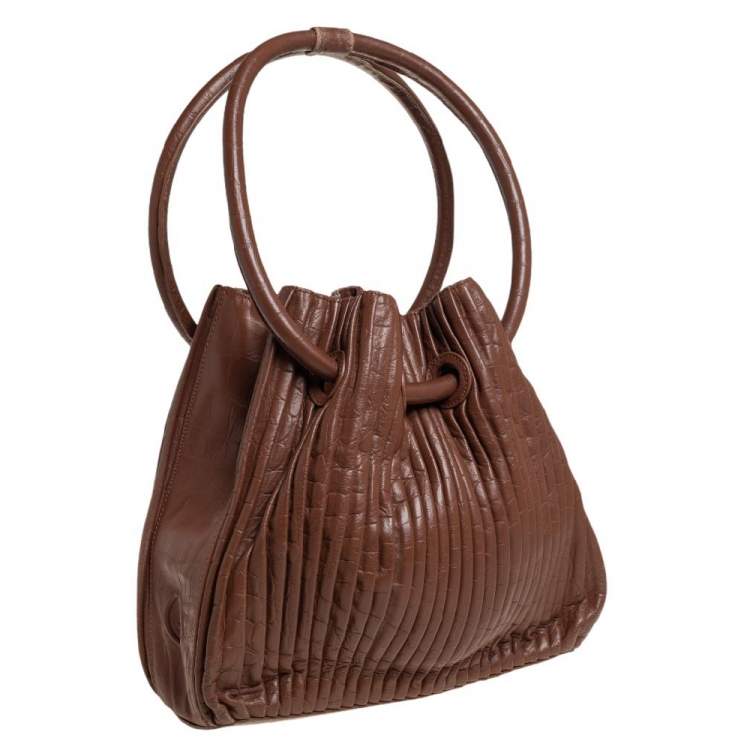 Pre Owned Giorgio Armani Brown Pleated Leather Ring Handle Tote