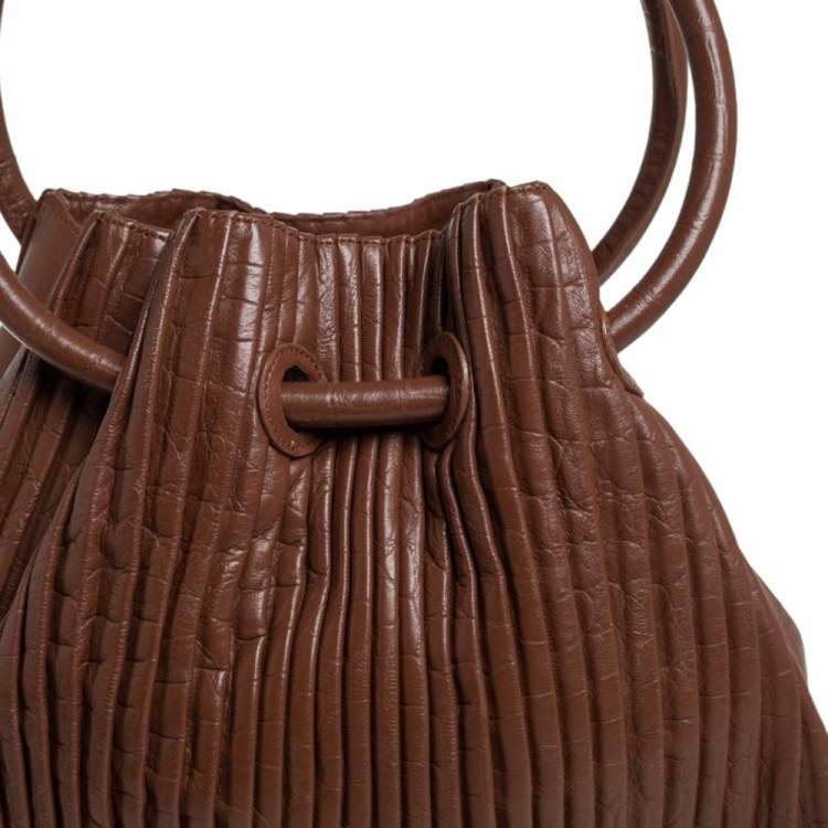 Pre Owned Giorgio Armani Brown Pleated Leather Ring Handle Tote