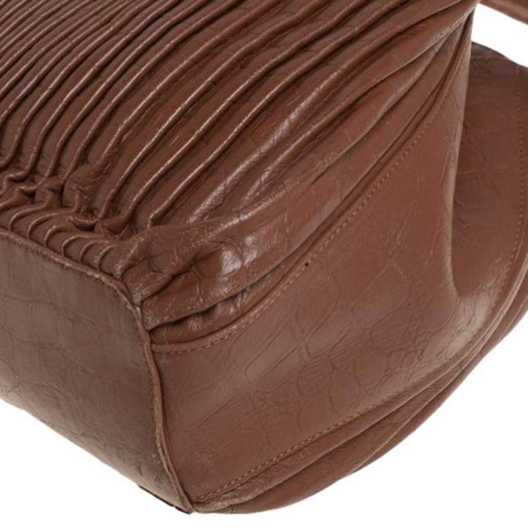 Pre Owned Giorgio Armani Brown Pleated Leather Ring Handle Tote