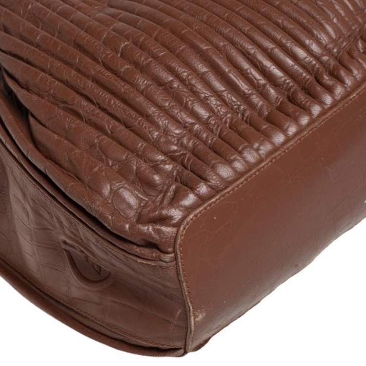 Pre Owned Giorgio Armani Brown Pleated Leather Ring Handle Tote