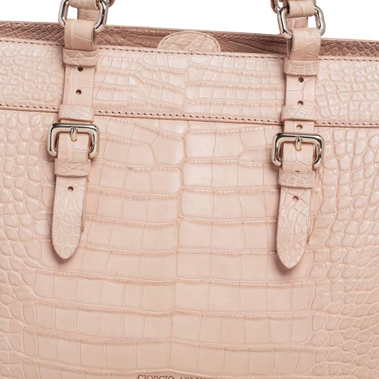 Pre Owned Giorgio Armani Beige Croc Embossed Leather Tote