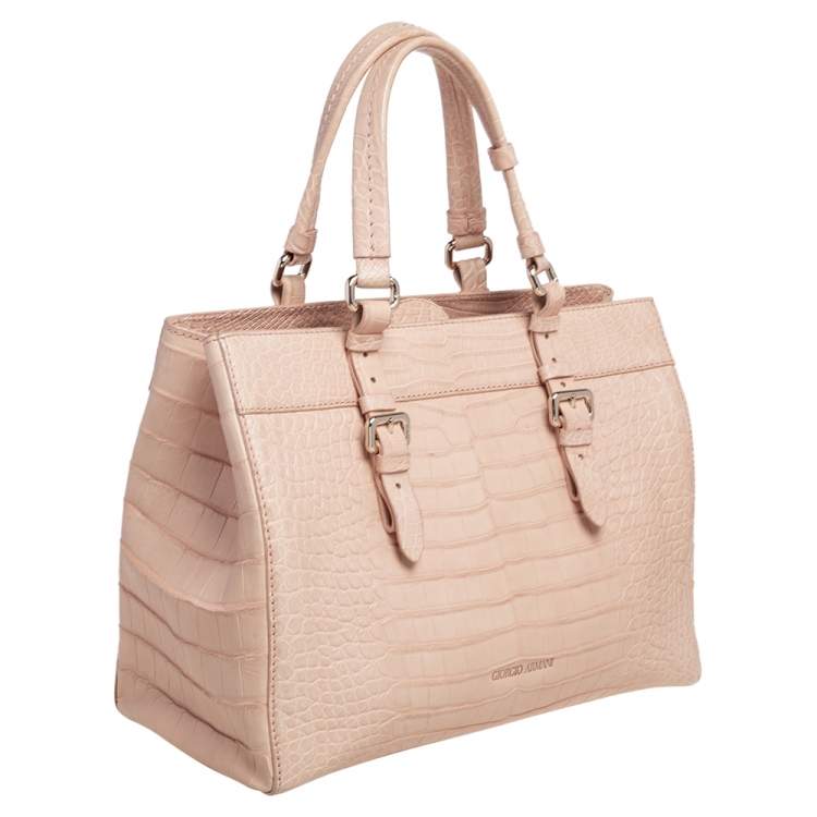 Pre Owned Giorgio Armani Beige Croc Embossed Leather Tote