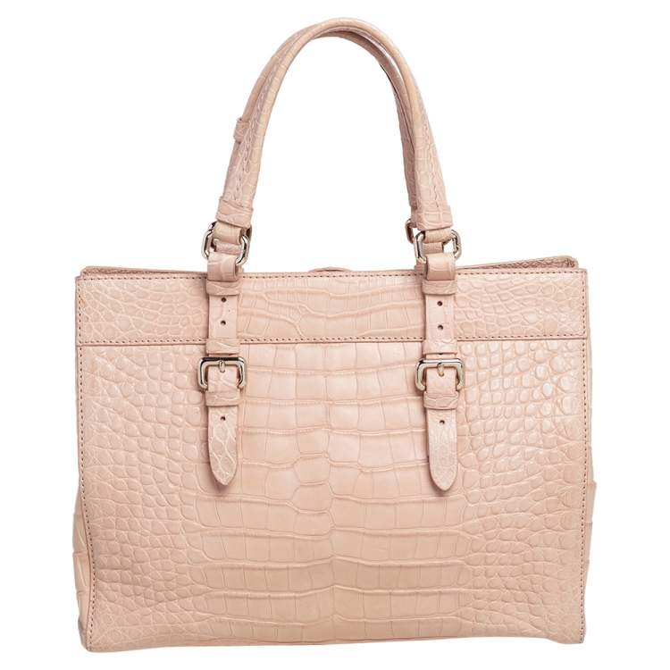 Pre Owned Giorgio Armani Beige Croc Embossed Leather Tote