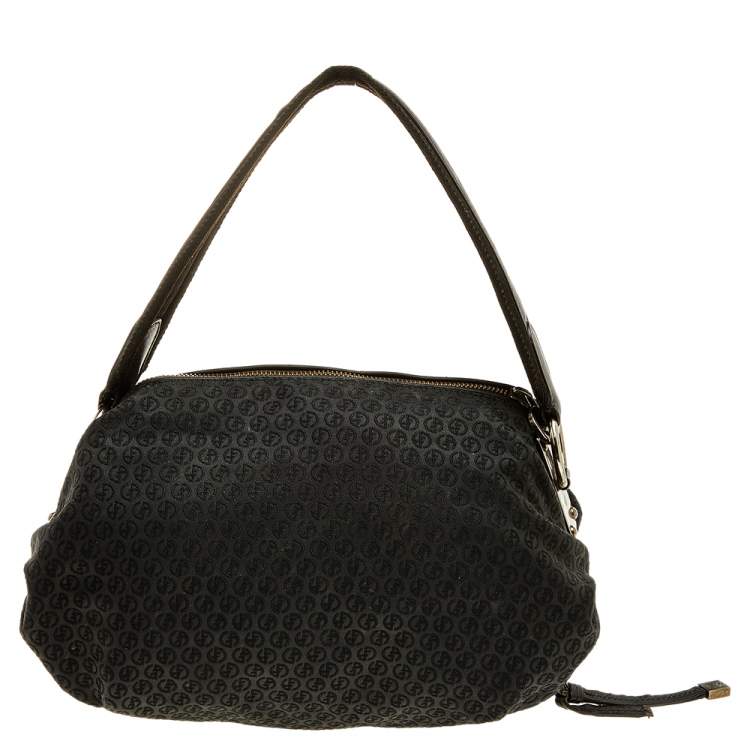 Pre Owned Giorgio Armani Black Signature Canvas And Leather Shoulder Bag
