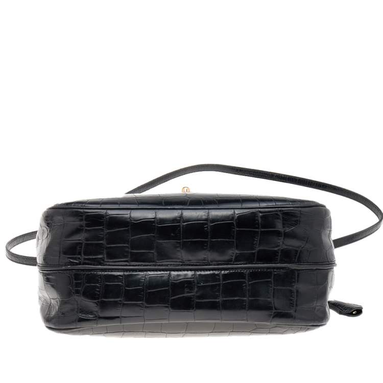 Pre Owned Giorgio Armani Black Croc Embossed Leather Top Handle Bag