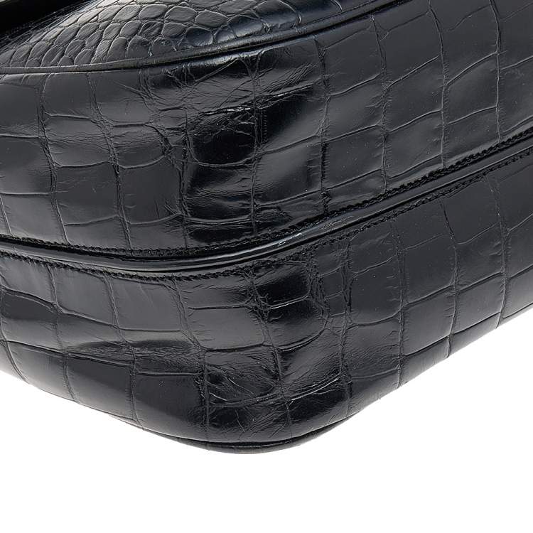 Pre Owned Giorgio Armani Black Croc Embossed Leather Top Handle Bag