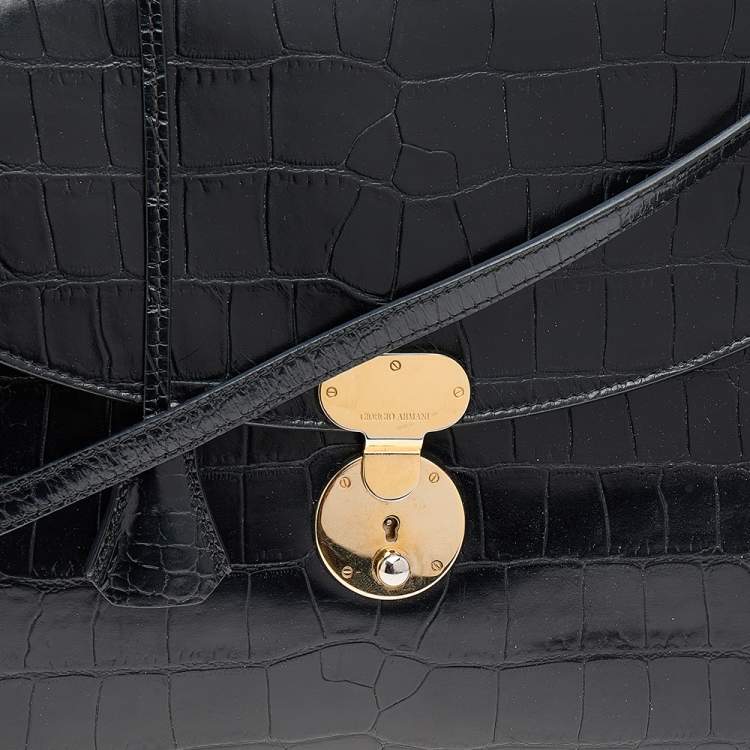 Pre Owned Giorgio Armani Black Croc Embossed Leather Top Handle Bag