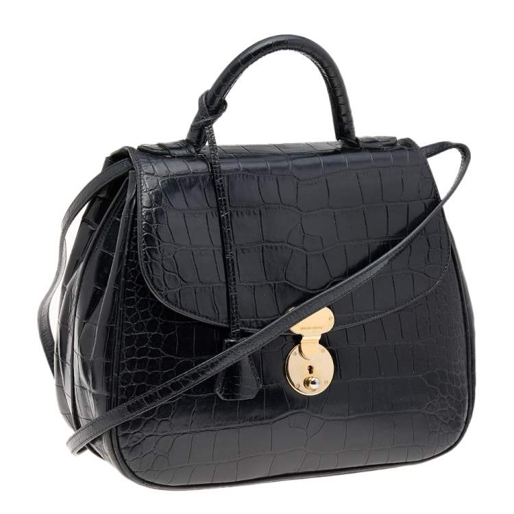 Pre Owned Giorgio Armani Black Croc Embossed Leather Top Handle Bag