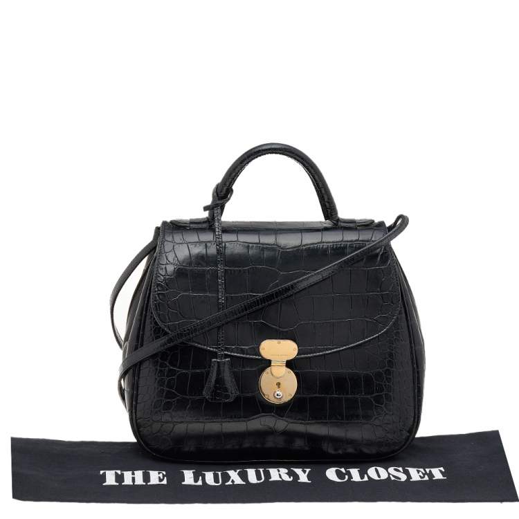 Pre Owned Giorgio Armani Black Croc Embossed Leather Top Handle Bag