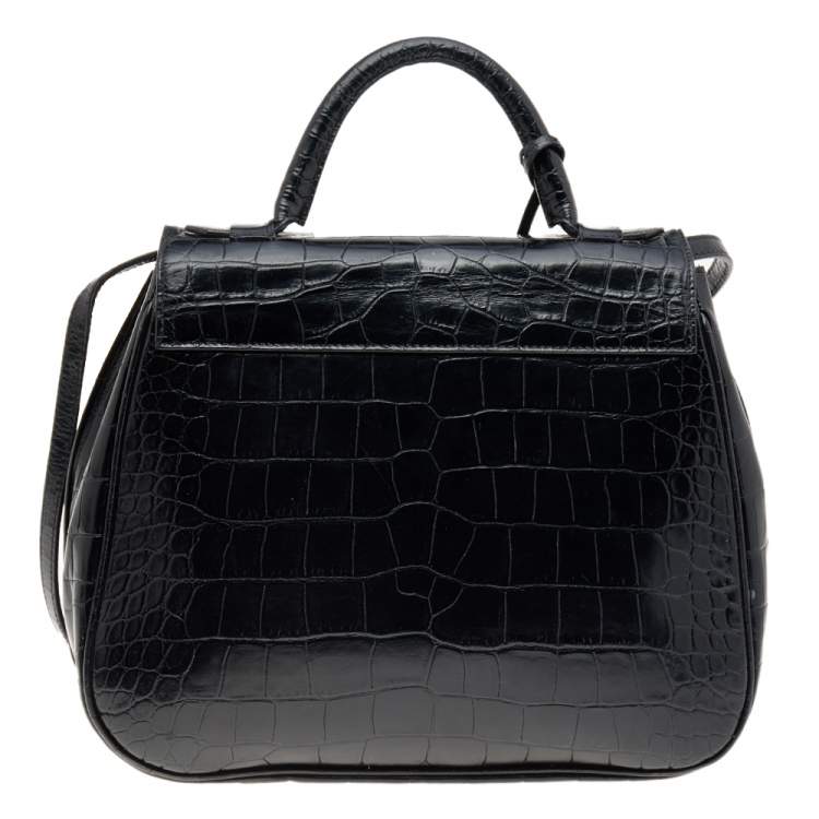 Pre Owned Giorgio Armani Black Croc Embossed Leather Top Handle Bag
