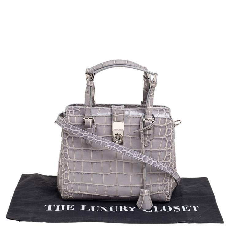 Pre Owned Giorgio Armani Grey Croc Embossed Leather  Flap Top Handle Bag