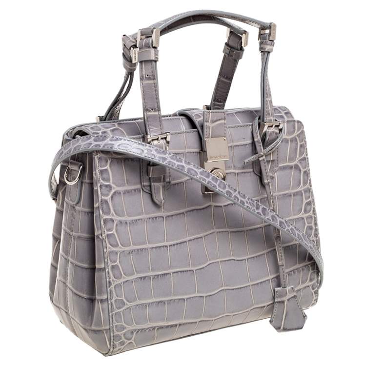 Pre Owned Giorgio Armani Grey Croc Embossed Leather  Flap Top Handle Bag
