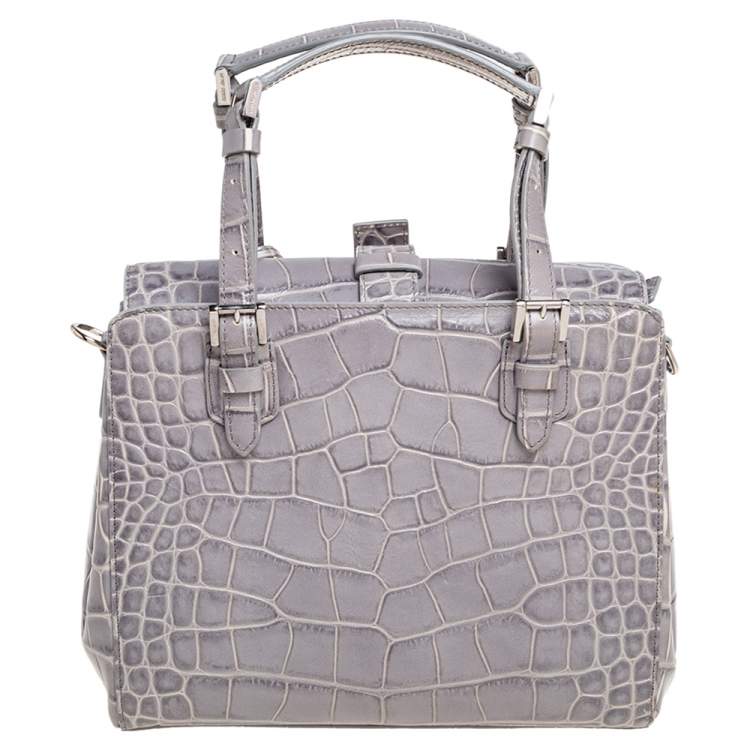 Pre Owned Giorgio Armani Grey Croc Embossed Leather  Flap Top Handle Bag