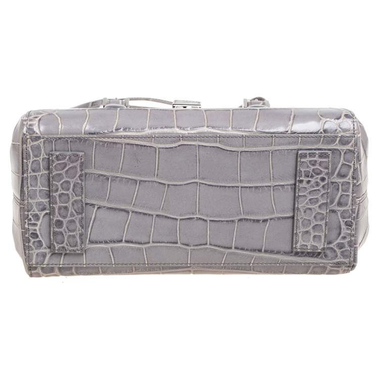 Pre Owned Giorgio Armani Grey Croc Embossed Leather  Flap Top Handle Bag