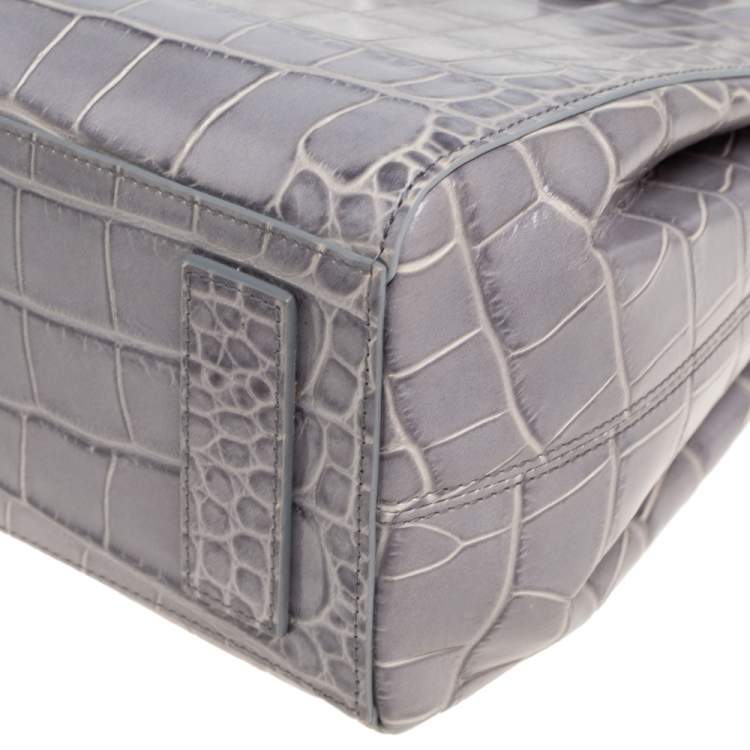Pre Owned Giorgio Armani Grey Croc Embossed Leather  Flap Top Handle Bag