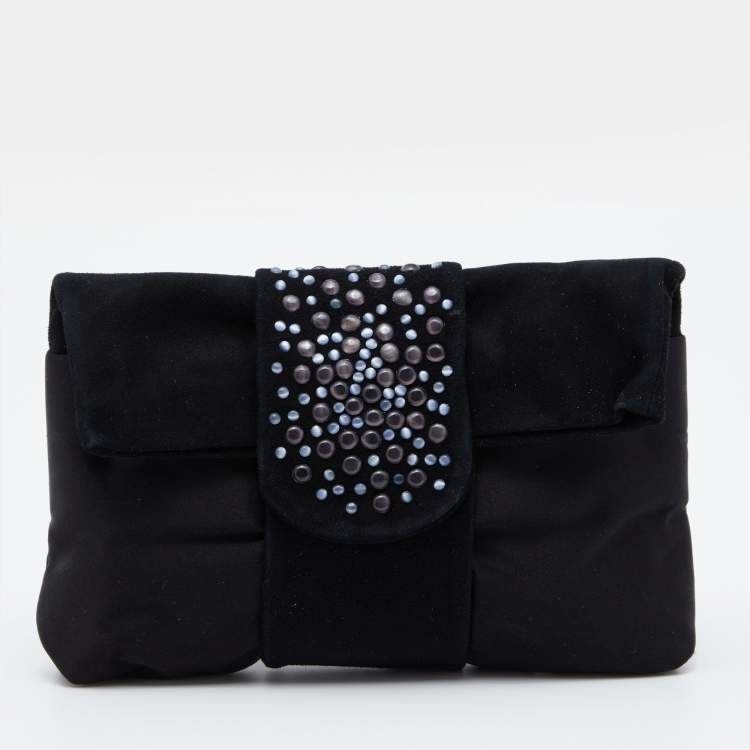 Giorgio Armani Black Satin and Suede Embellished Clutch Giorgio