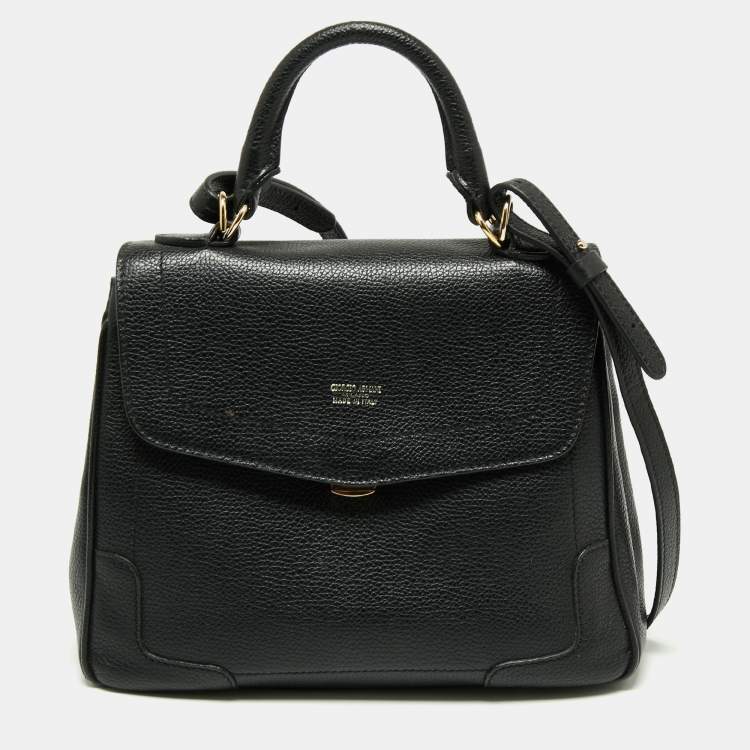 Pre Owned Giorgio Armani Black Leather Flap Top Handle Bag