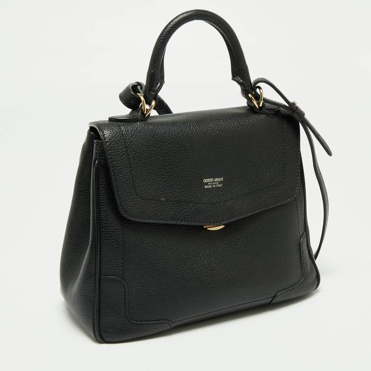 Pre Owned Giorgio Armani Black Leather Flap Top Handle Bag