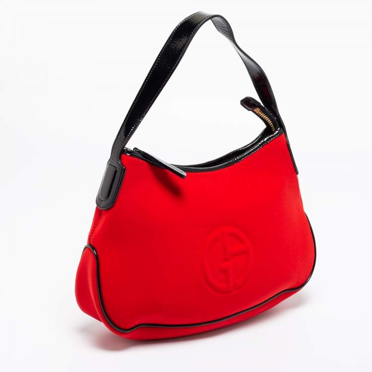 Pre Owned Giorgio Armani Red Neoprene And Patent Leather Hobo Bag