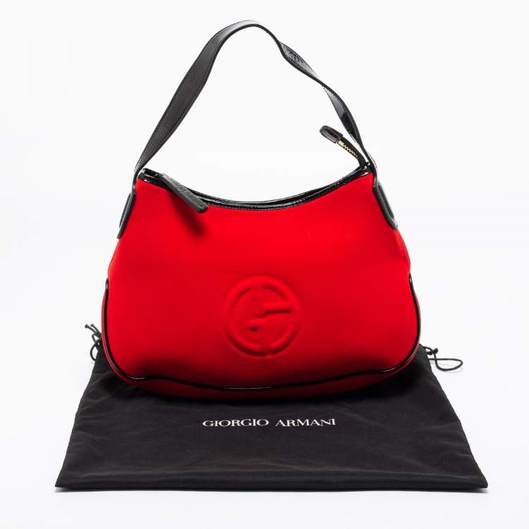 Pre Owned Giorgio Armani Red Neoprene And Patent Leather Hobo Bag