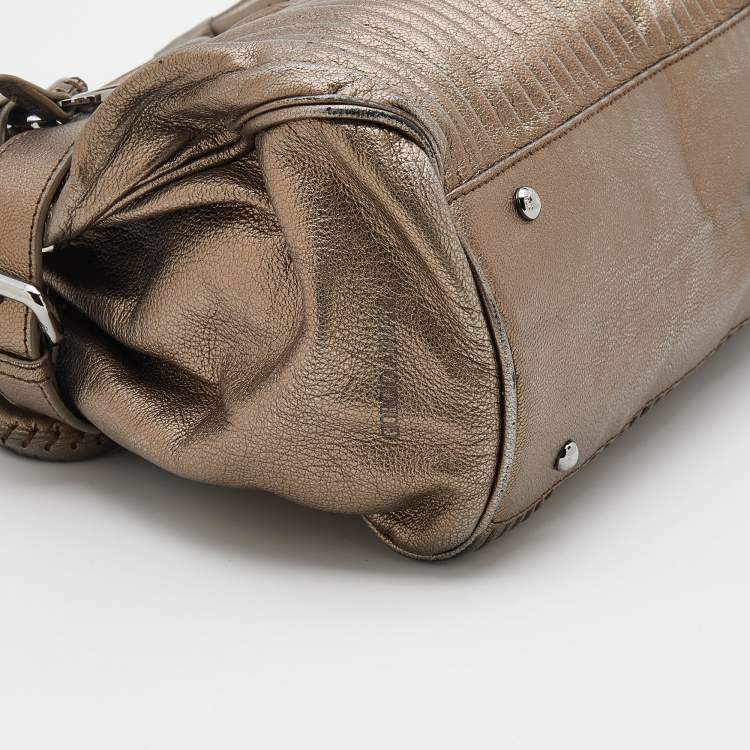 Pre Owned Giorgio Armani Metallic Silver Pleated Leather Satchel