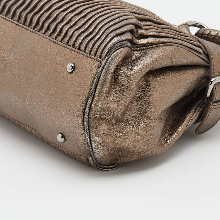 Pre Owned Giorgio Armani Metallic Silver Pleated Leather Satchel