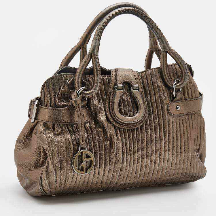 Pre Owned Giorgio Armani Metallic Silver Pleated Leather Satchel