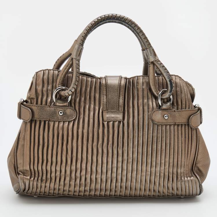 Pre Owned Giorgio Armani Metallic Silver Pleated Leather Satchel