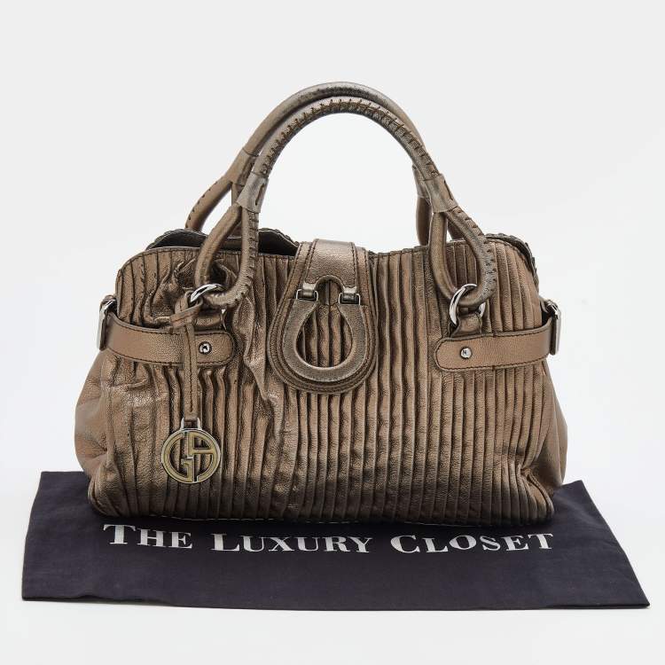 Pre Owned Giorgio Armani Metallic Silver Pleated Leather Satchel