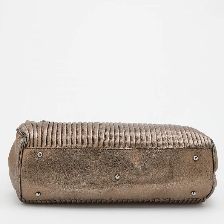 Pre Owned Giorgio Armani Metallic Silver Pleated Leather Satchel