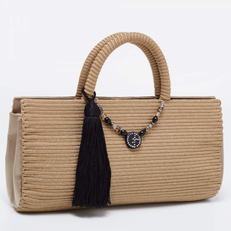 Pre Owned Giorgio Armani Beige Fabric Embellished Tote