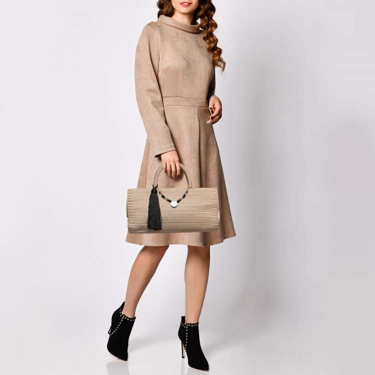Pre Owned Giorgio Armani Beige Fabric Embellished Tote