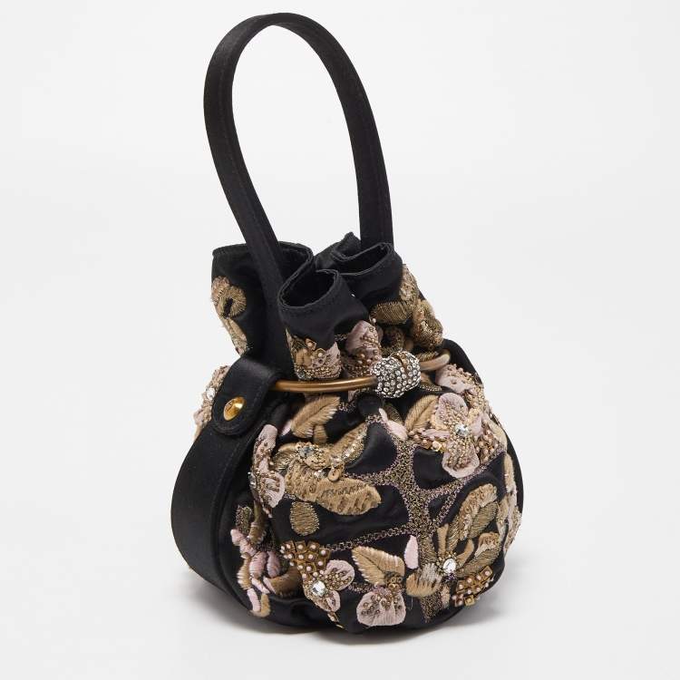 Pre Owned Giorgio Armani Black Satin Floral Embroidered Crystals Bucket Clutch Bag