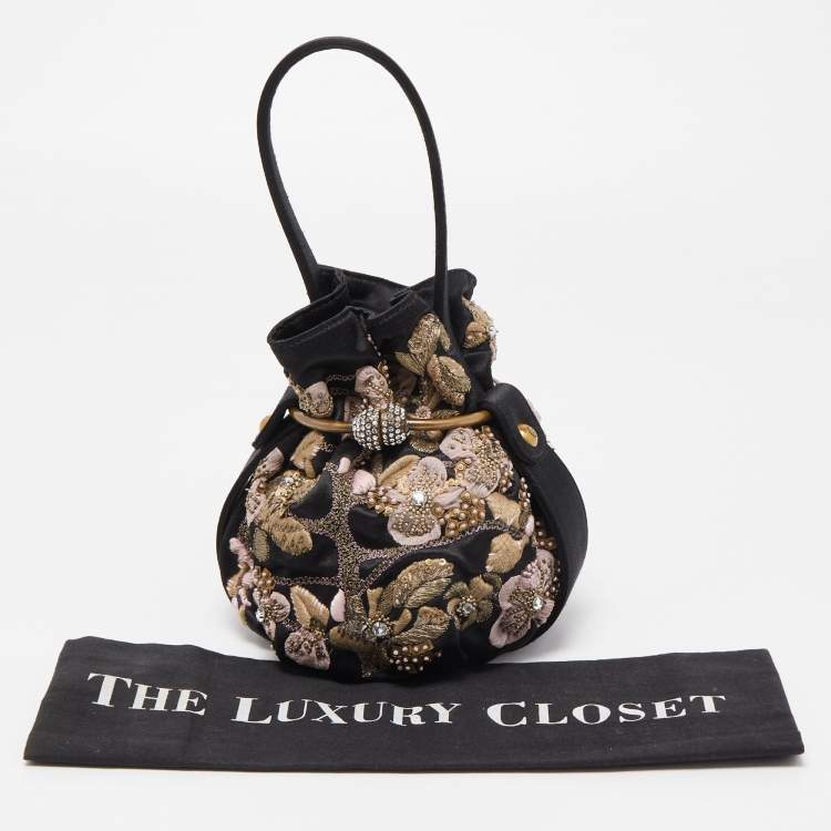 Pre Owned Giorgio Armani Black Satin Floral Embroidered Crystals Bucket Clutch Bag