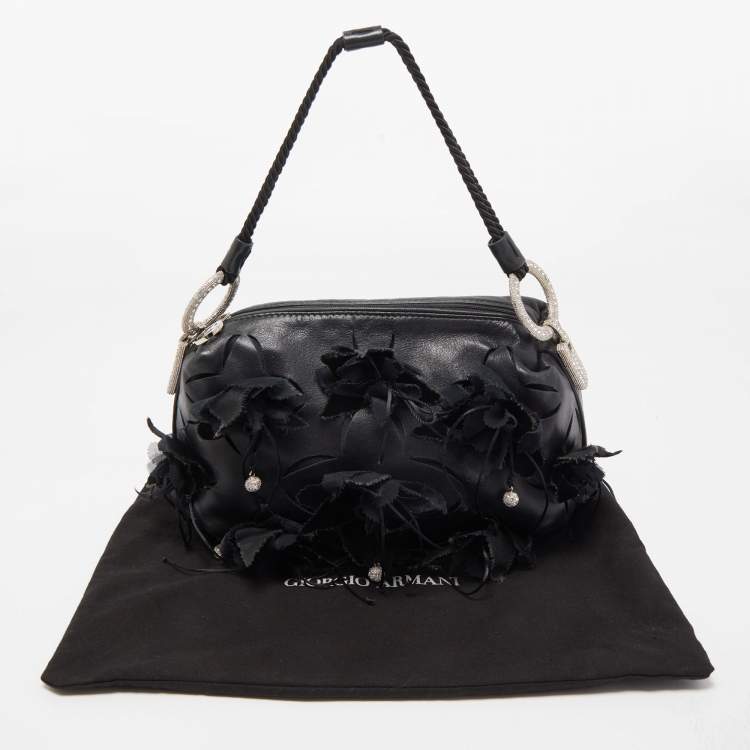 Pre Owned Giorgio Armani Black Leather Floral and Crystal Embellished Bag